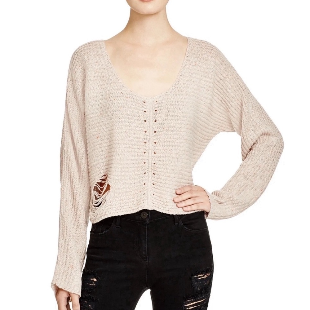 Wildfox Terra Distressed Cropped Ribbed Long Sleeve Sweater ASO Blush Pink Small - Picture 4 of 12